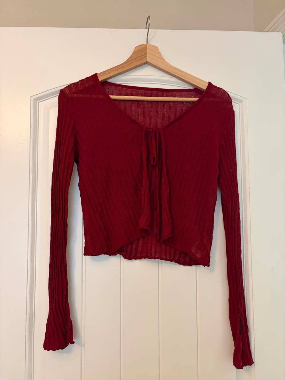 Cider Red Ribbed Tie-Front Long Sleeve Sheer Top